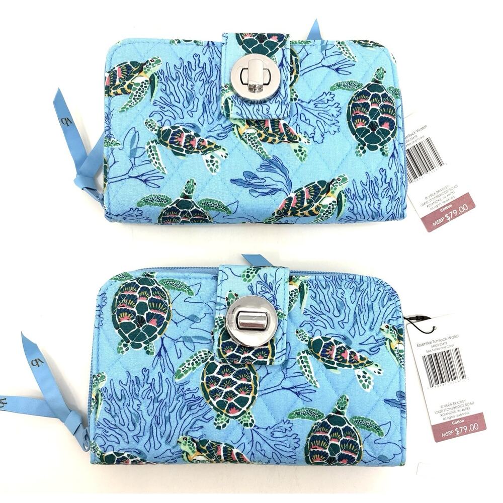 2 Vera Bradley Sea Turtles Coral Essential Turnlock Wallet Large NWT Ocean EXACT